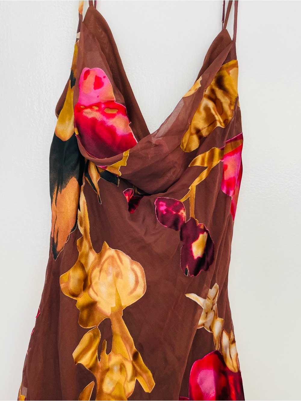 Rat & Boa Brown Floral Satin Slip Dress with Pink and Gold Accents